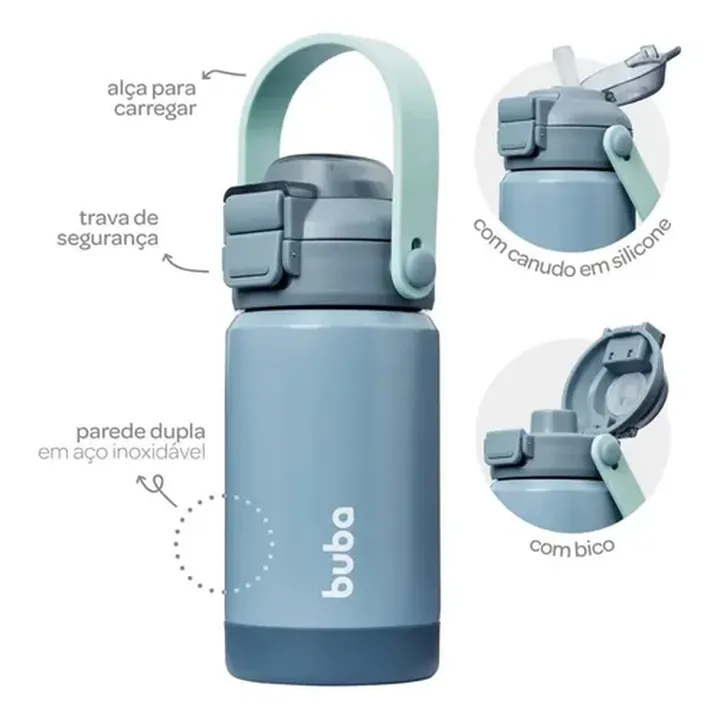 Copo Térmico Parede Dupla C/ Canudo E Bico 360ml Azul - Buba - Imagem 2